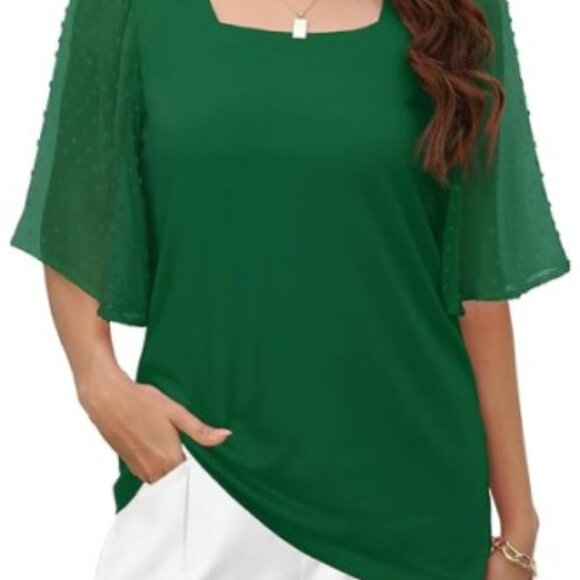NWT! Green Square Neck Flutter Bell Sleeve Swiss Dot flowy Tunic Top PLUS - Picture 2 of 3